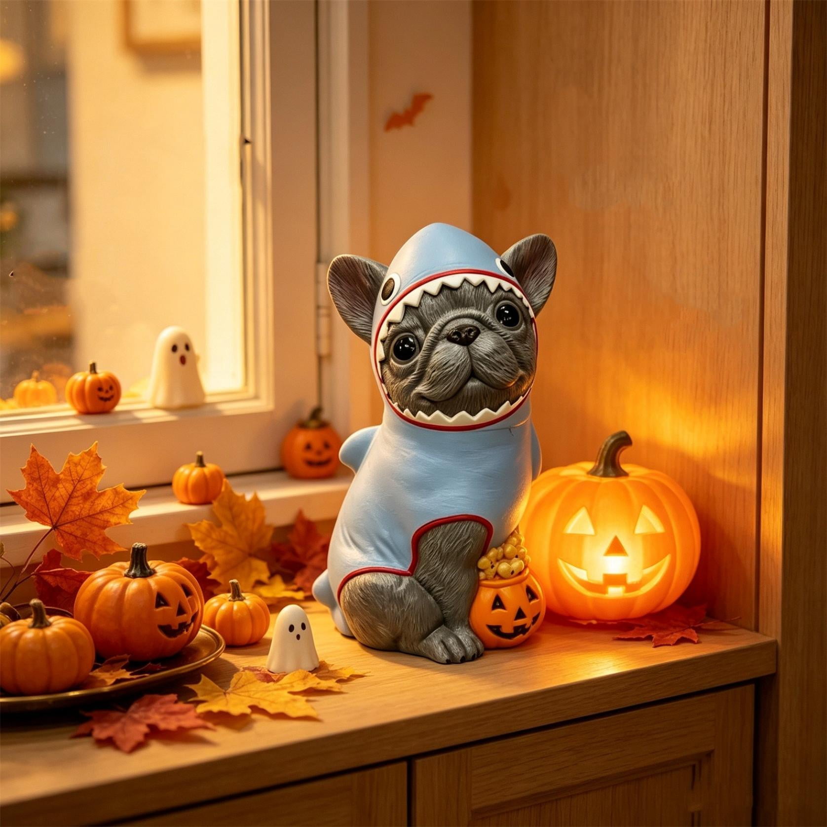 Halloween French Bulldog Statue, Resin Shark Costume Dog Figurine with Light Up Pumpkin Candy Bowl, Holiday Tabletop Porch Indoor Outdoor Decor, 7.87in
