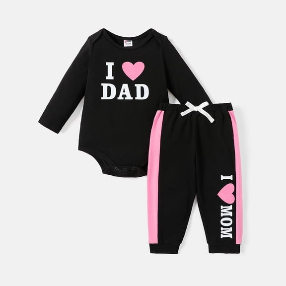 PatPat Ensembles pour Bébés Filles, Vêtements pour Nourrisson 2 Pcs Barboteuse en Coton à Manches Longues avec Imprimé Cœur et Lettres et Ensemble de Pantalon de Survêtement