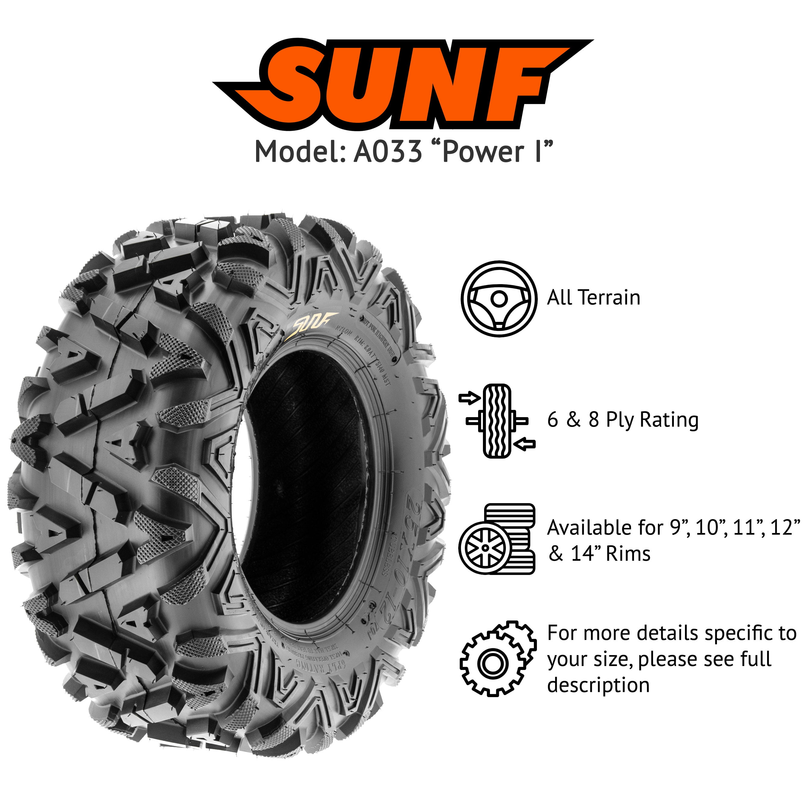Single SunF ATV UTV 27x9-12 All Terrain 6 PR Tubeless Replacement Mud Tire A048, 