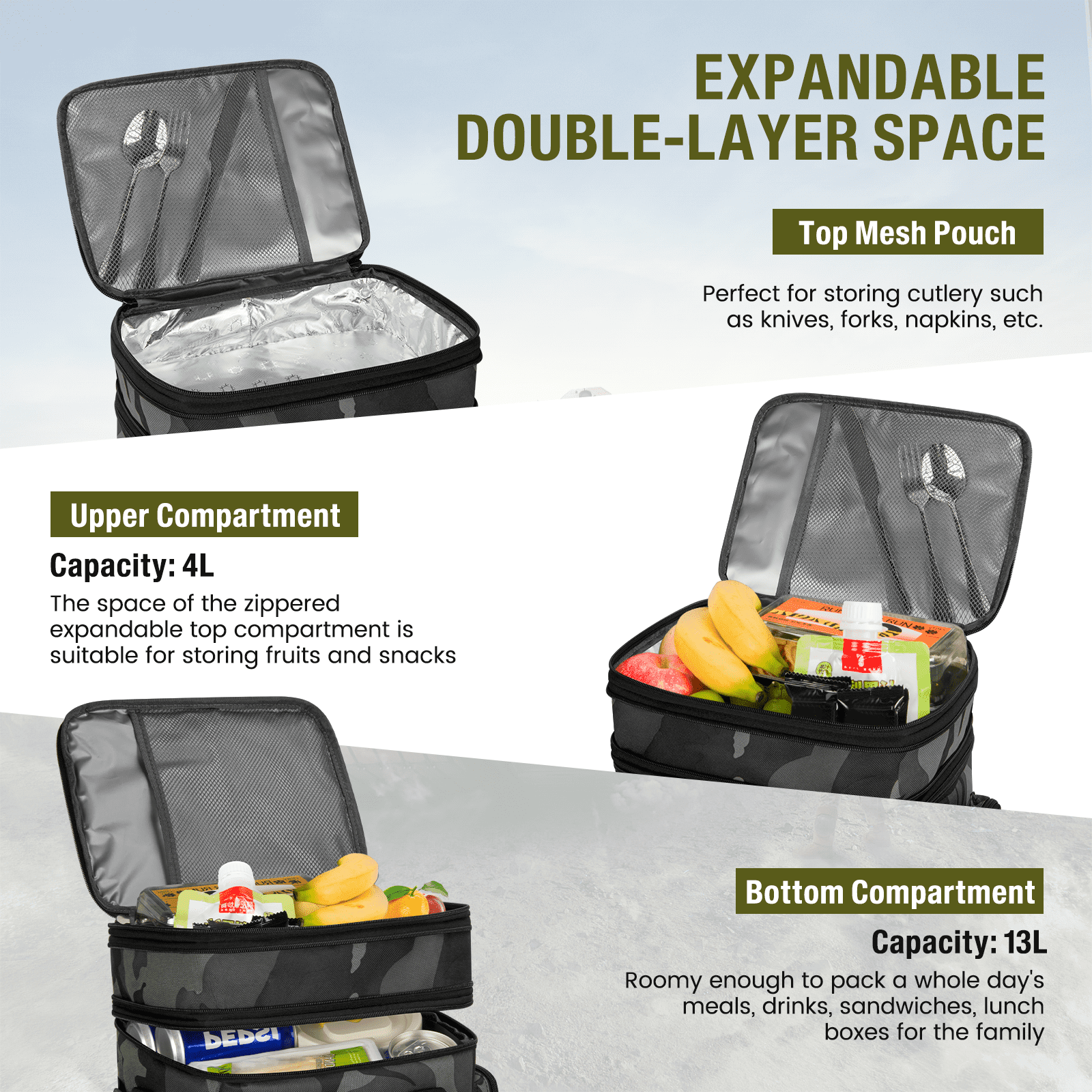 Expandable Insulated Lunch Bag with Leakproof Design - 24 Can Capacity, Double Deck Cooler Box with Adjustable Shoulder Strap & Side Pockets for Men & Women - Durable for Work, Travel, Outdoor