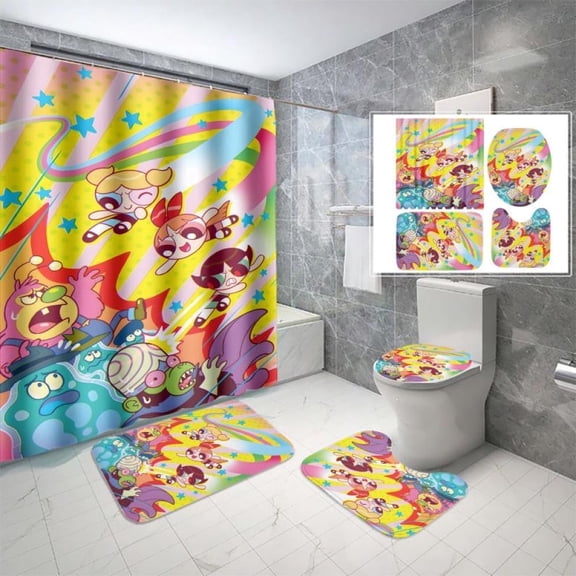 Lheaggik Cartoon Powerpuff Girl 4 Pcs Bathroom Sets with Shower Curtain and Rugs, Waterproof Polyester Shower Curtain Sets with Hooks