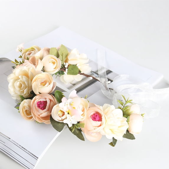Adjustable Wedding Flower Crown,Simulation Flower Wreath Headband with Ribbon,Floral Garland Headpiece for Wedding Dress Accessories Photo Props Champagne