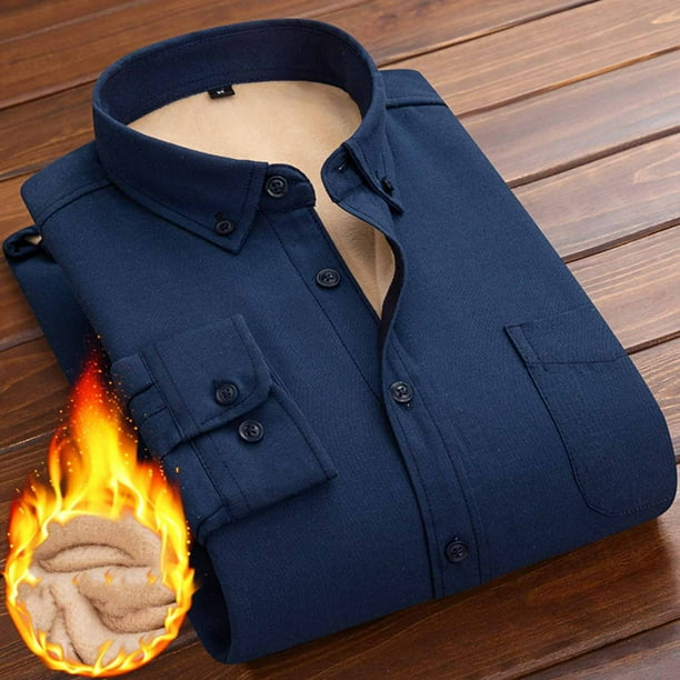 pstuiky camisas de manga larga para hombre, Camisa informal de manga larga con solapa y botones para hombre, color liso, a la moda, con forro polar Tops de hombre xxl