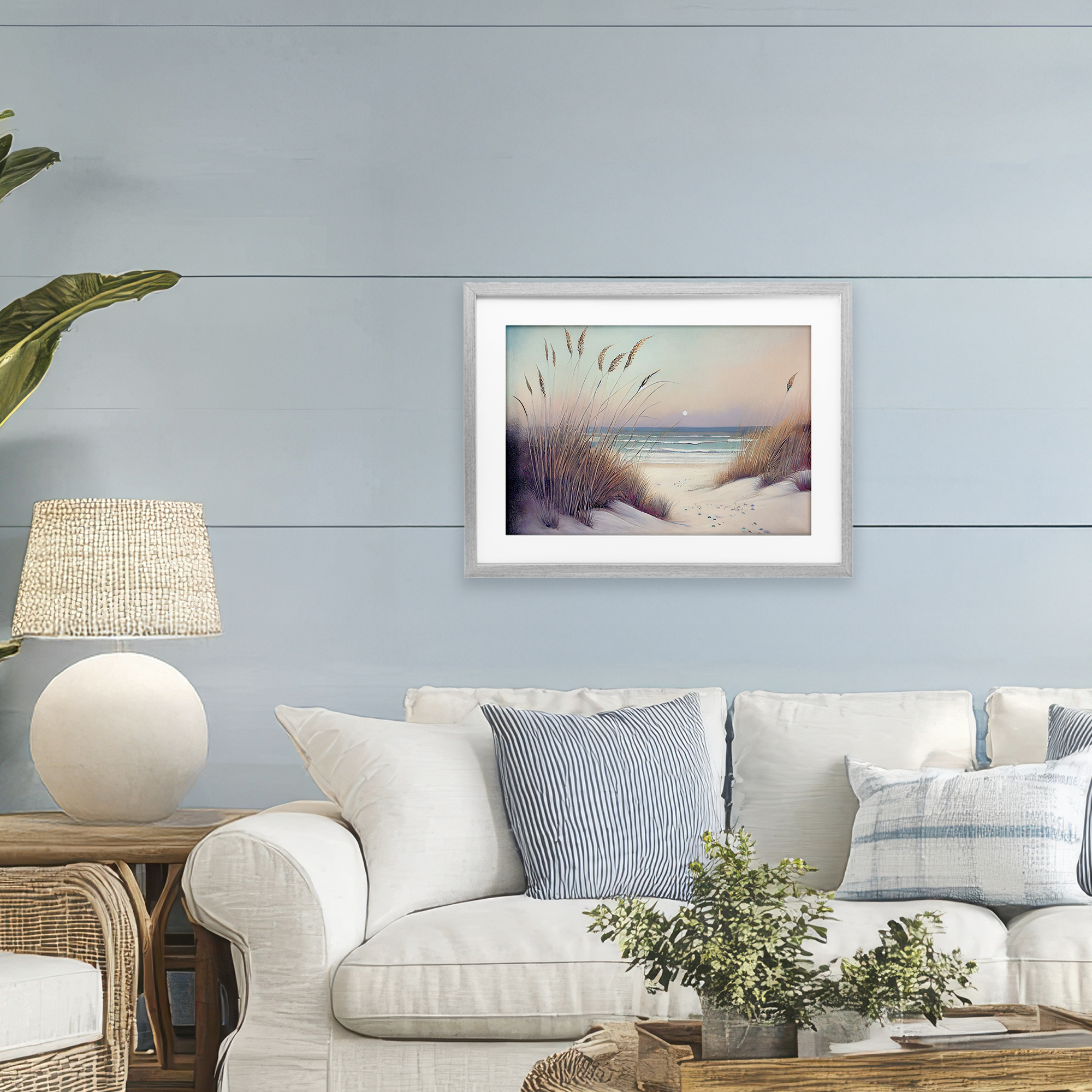 Euphoria Beach Dunes View Gray Framed Print Under Glass, design by Sasha