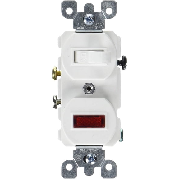 Leviton S02-05226-0WS Decora Traditional Duplex Combination Switch With Neon Pilot Light, 120/277 Vac, 12 A, 1 P, White