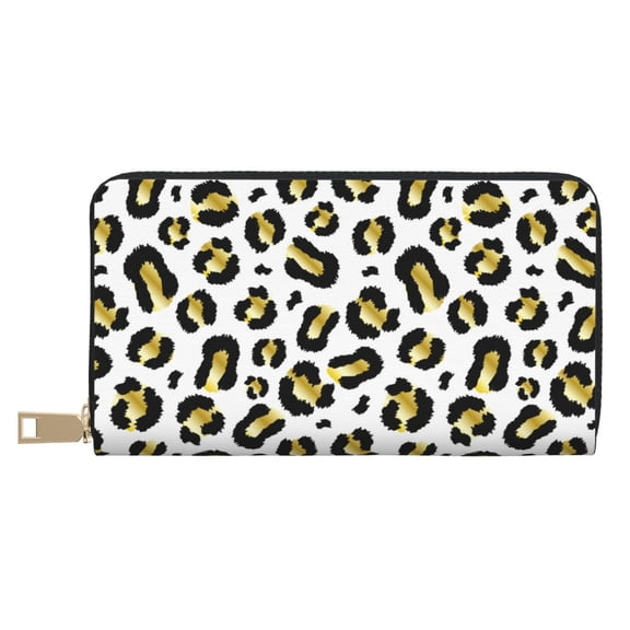 Leather Thin Slim Wallets for Women Men - Leopard gold black cute Clutch Card Wallet for Women Men with Zipper