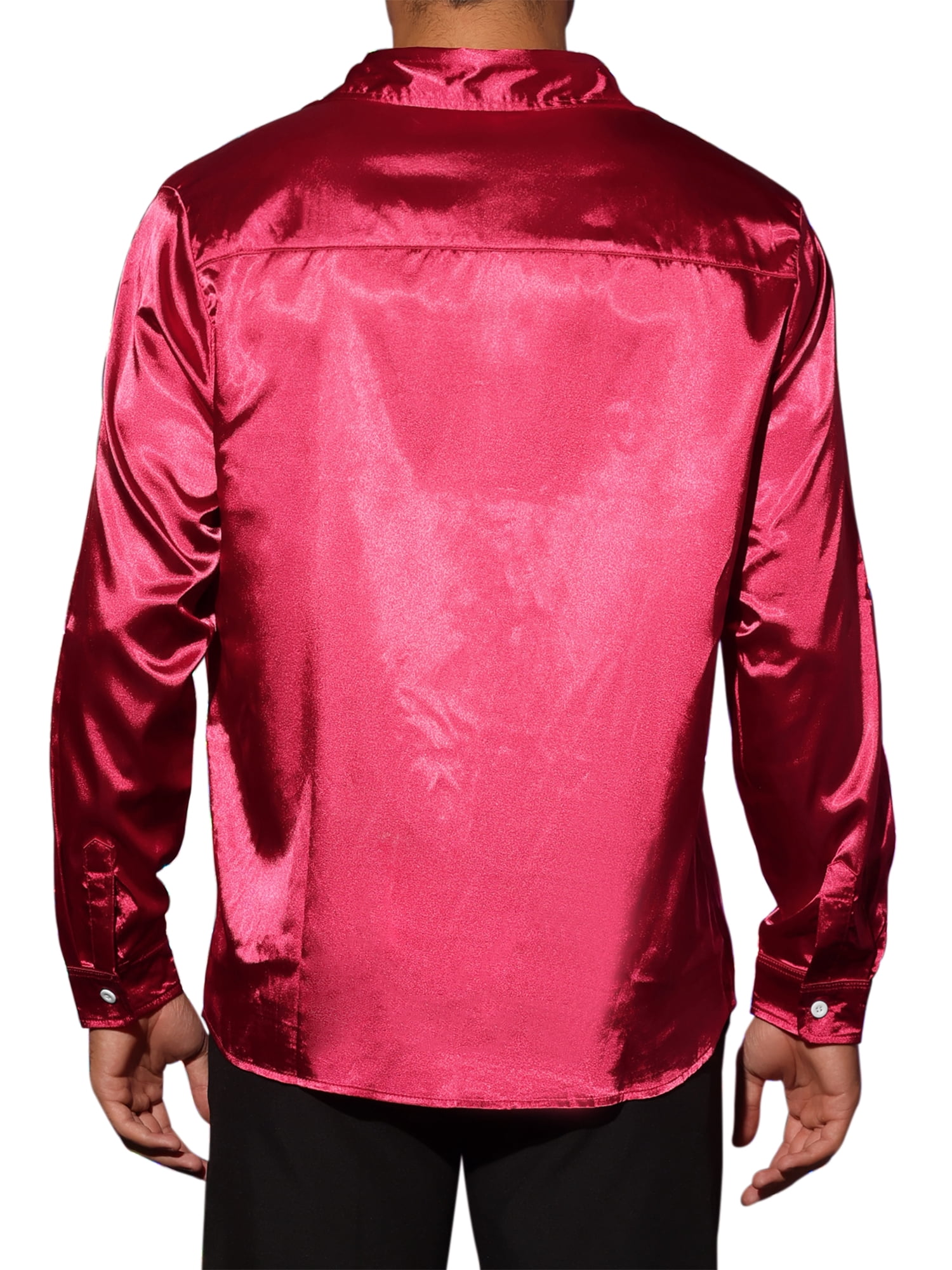 Unique Bargains Men's Satin V Neck Long Sleeves Button Down Prom Shirts XL Burgundy