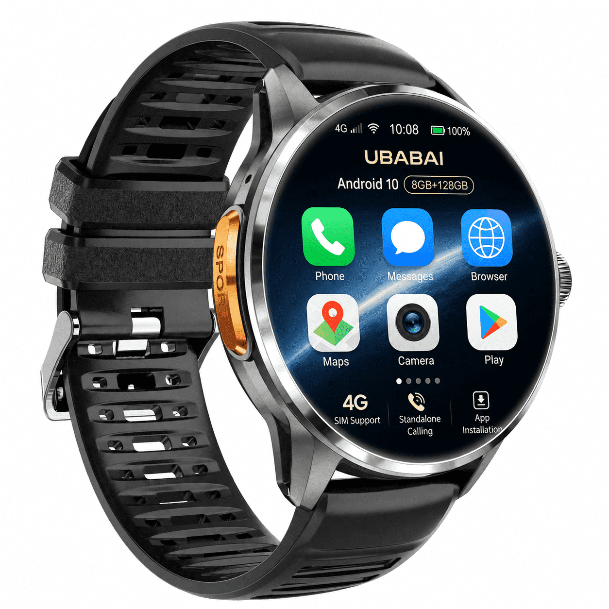 UBABAI 4G Android Smartwatch Phone with Sim Card Slot, 1.6 in Amoled, Gps, Rotating Camera, 8GB Ram, 128GB Storage Rom