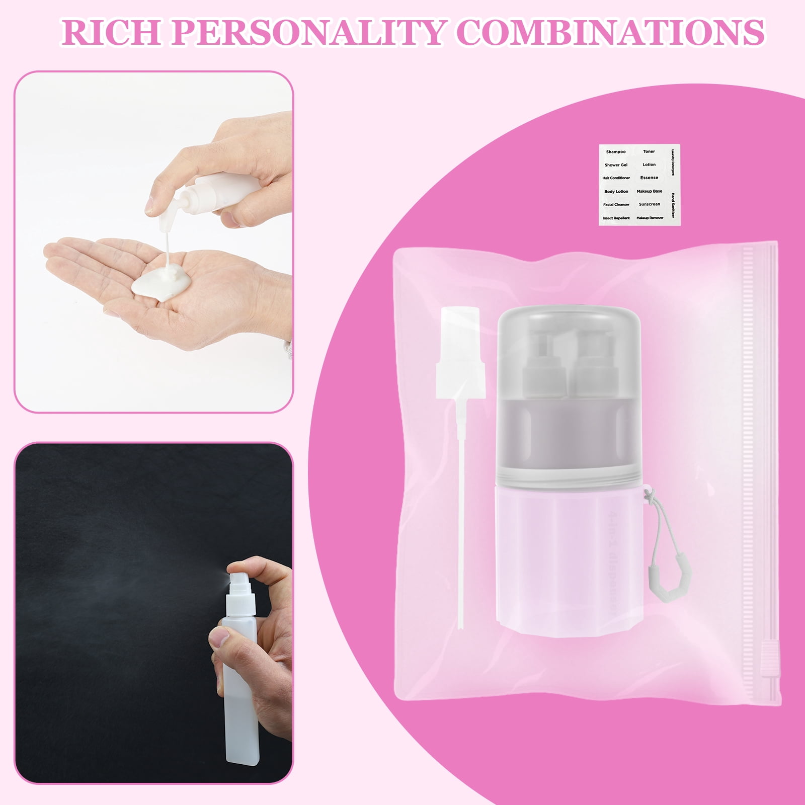 NUAHRHY 4-in-1 Travel Toiletry Container, 4 2Oz Leak Proof Travel Bottle Set with Suction Cup for Smooth Wall, Portable Refillable Dispenser Bottle for Shampoo Conditioner Body Wash Lotion
