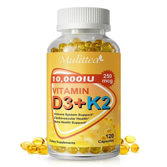 Mulittea Vitamina D3 con K2 - 120 Cápsulas - Apoya la Absorción de Calcio - Huesos y Dientes Fuertes - Fórmula Sin Gluten