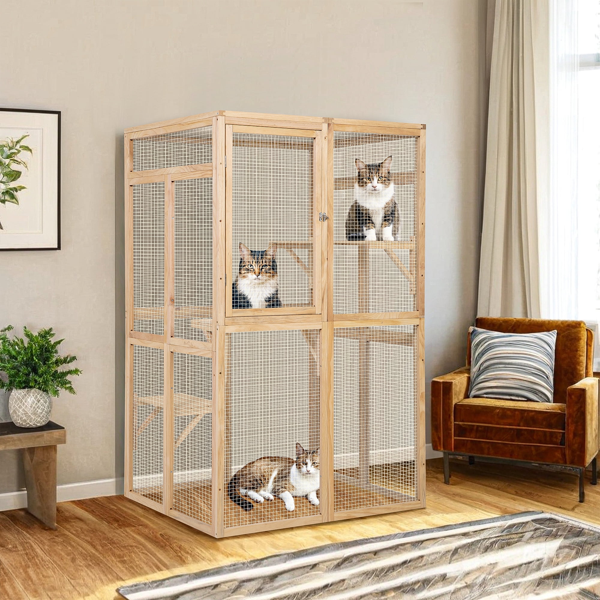 Demi Bonn 64" Cat House Outdoor Catio Cat Enclosures Wooden Kitty House with Platforms, Waterproof Roof, Hammock, Beige