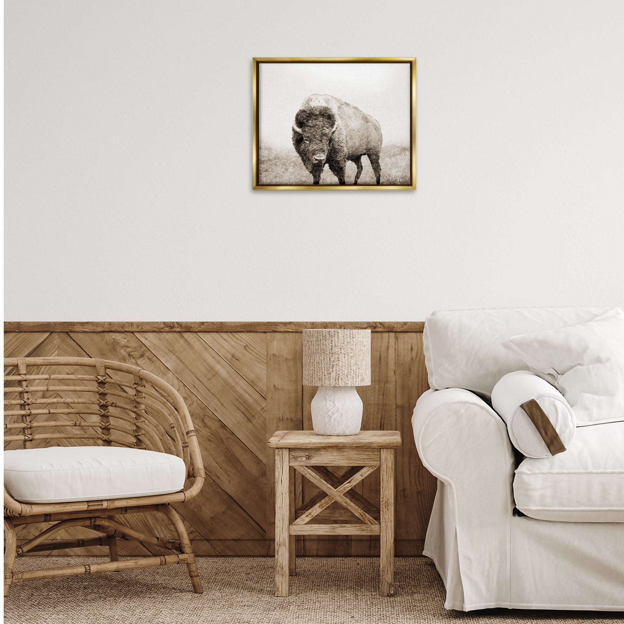 Stupell Industries Bison Distressed Portrait Animals & Insects Photography Gold Floater Framed Canvas Art Print Wall Art, 21 x 17