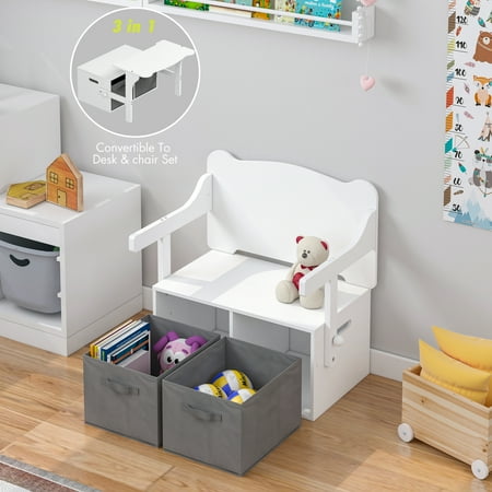 UTEX Kids Table and Chair Set  3-in-1 Convertible Activity Kids Table Set  Kids Toy Storage Bench with Handle for Toddler 3 Age+  White