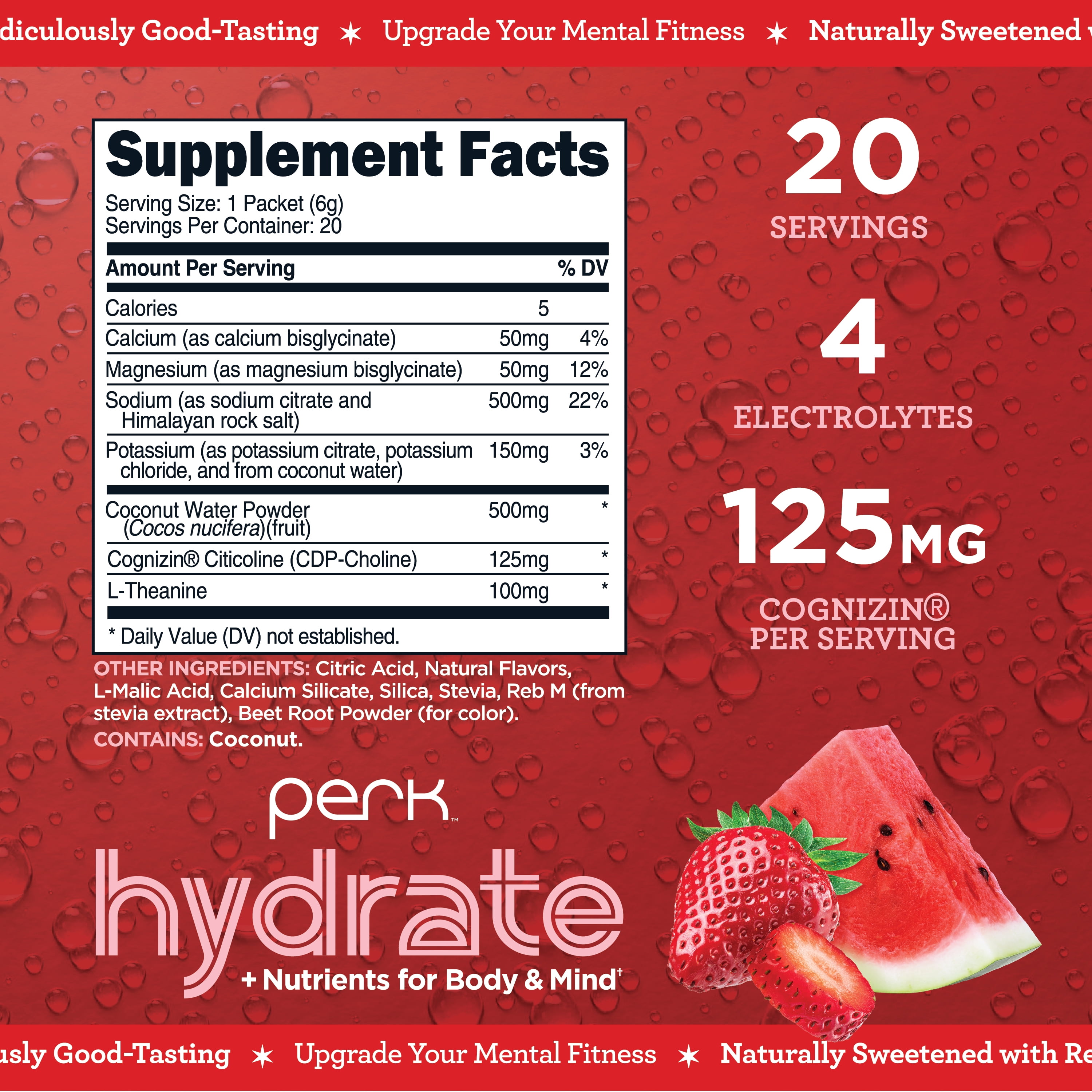 Perk Hydrate Electrolyte Stickpacks (Strawberry Watermelon) 20 Packets - Coconut Water, CDP-Choline, L-Theanine, Gluten-Free, Keto Friendly, Vegan