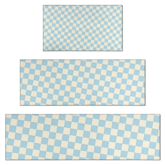 Light Blue and Cream Checkered Pattern Kitchen Rugs Sets Of 3,Kitchen Runner Rugs Non Skid Washable,Decorative Kitchen Floor Mats for Kitchen,Sink,Laundry,17"x30" 17"x47" 17"x59"