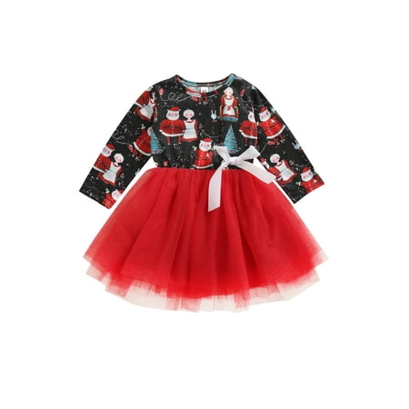 

Farrubbyine8 Infant Christmas Tulle Dress Girls Cartoon Print Long Sleeve Round Neck with Bow Casual Dresses