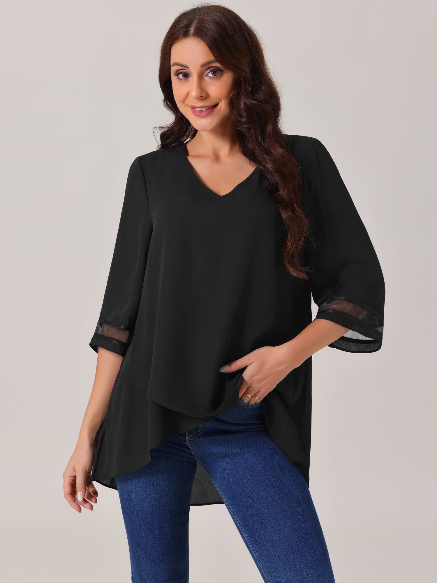 Unique Bargains Women's Chiffon V Neck 3/4 Bell Sleeve Asymmetrical Hem Blouse S Black