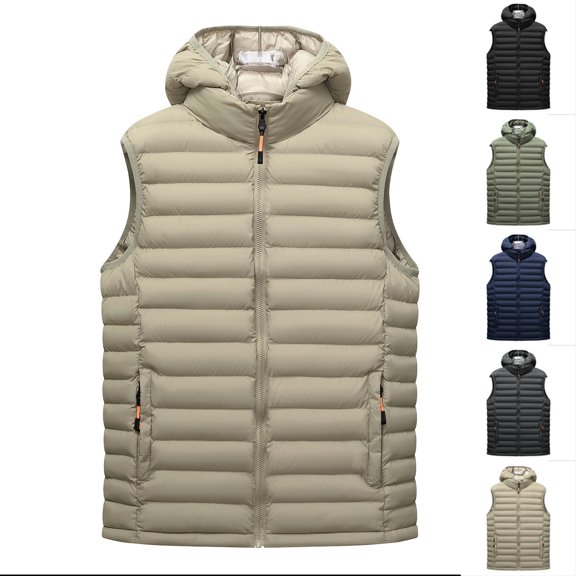 Mens Puffer Vest Winter Full Zipper Sleeveless Padded Jacket Gilets with Detachable Hooded Warm Outerwear Zip Up Pockets Vests