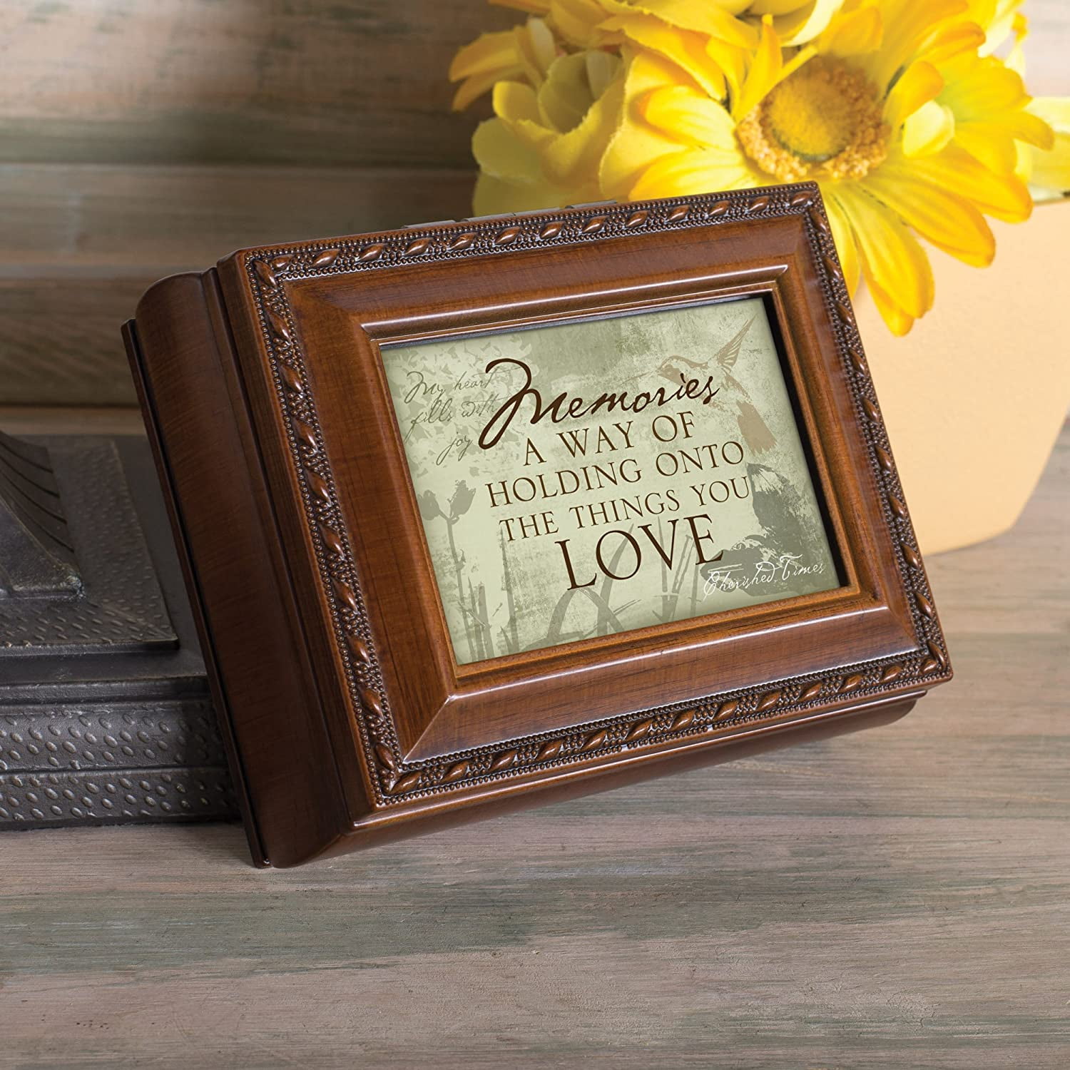 Cottage Garden Memories Love Brown Rope Trim 4.5 x 3.5 Tiny Square Jewelry Keepsake Box