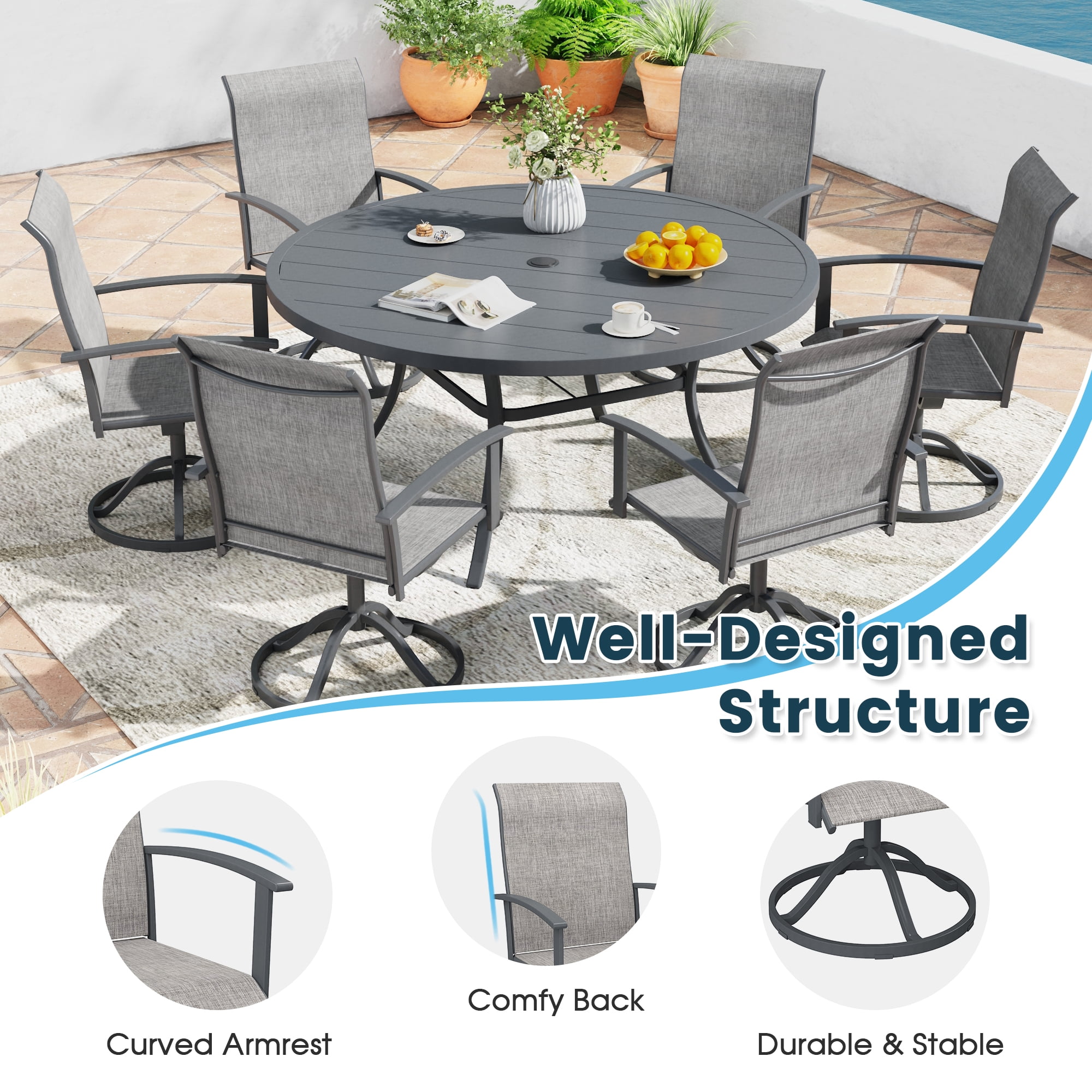 DIFY 7PCS Patio Dining Furniture Set, 50" Round Slatted Table and 6 Swivel Textilene Chairs