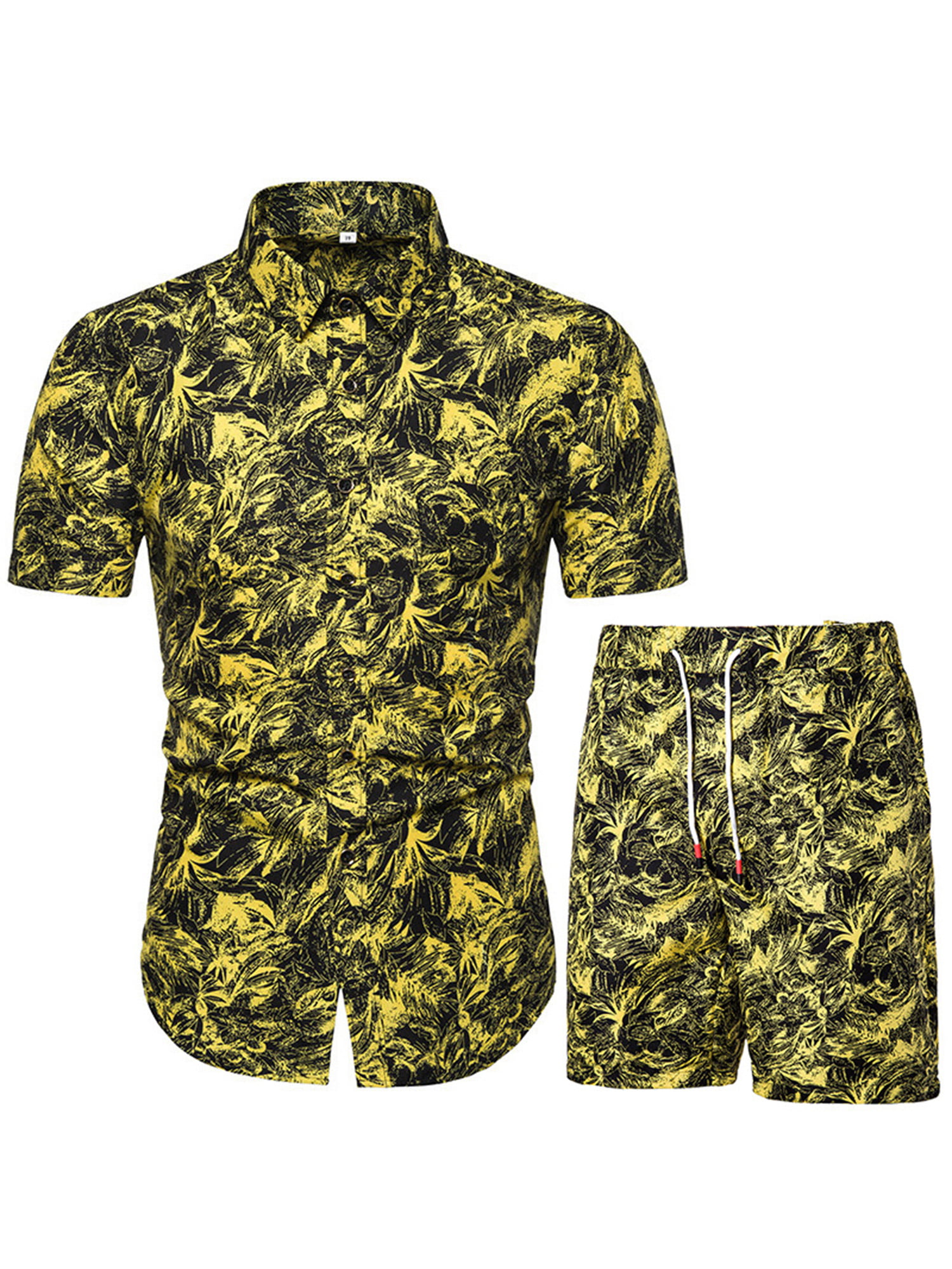 Outfit for Men F_Gotal Mens Hawaii Printed Half Sleeve Button-Dwon T Shirts Jogger Shorts Sets 2 Piece Tracksuits 