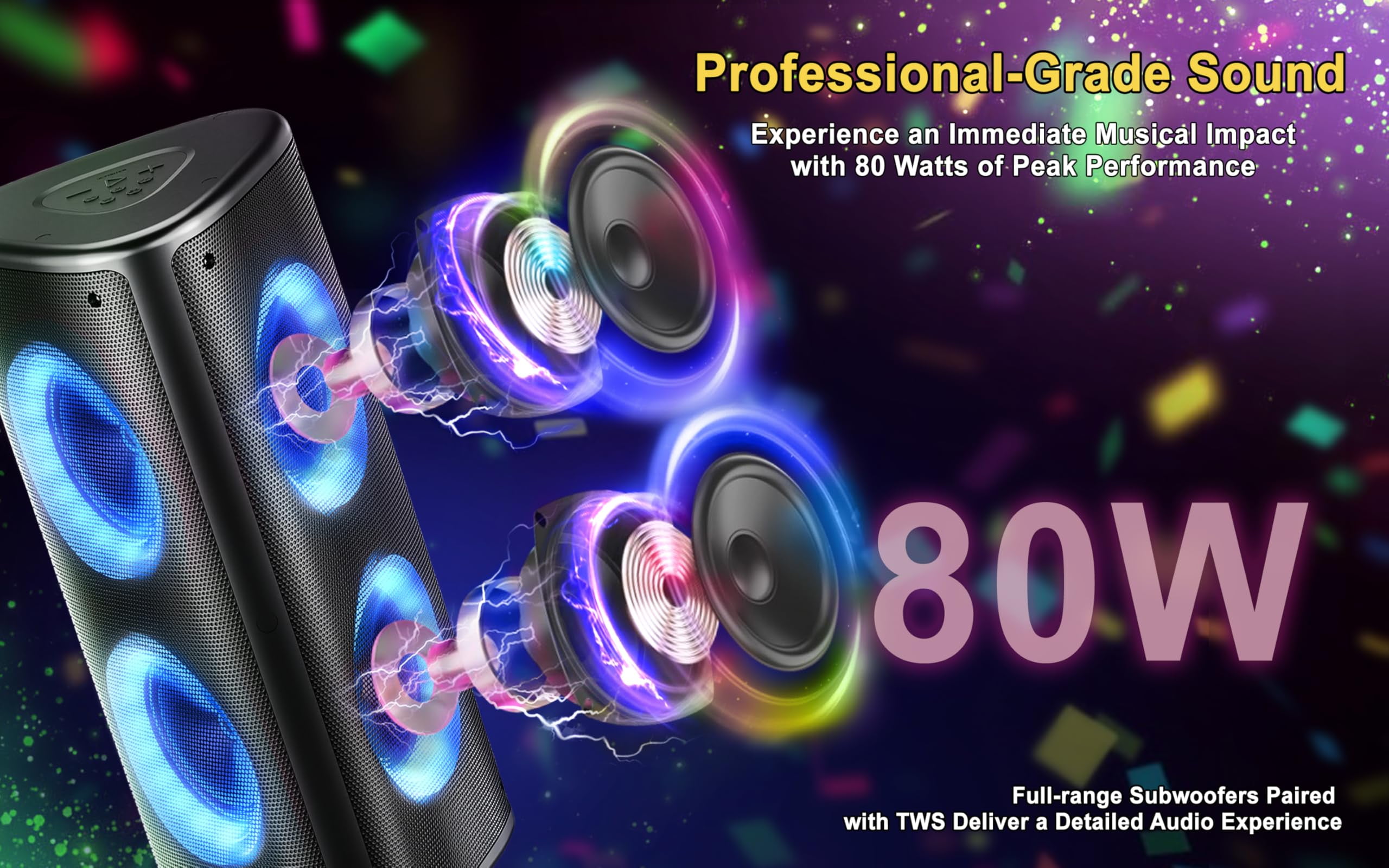 Fisher Bluetooth PA Speaker Stereo System -Karaoke Portable Wireless DJ, Quad Triangle 6.5" 80W Peak Power Speaker, Loud HD Sound & LED Lights, Rechargeable, TWS, USB, FM Radio,Indoor & Outdoor Party