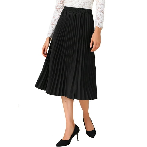 Falda midi plisada para mujer, elástica en la cintura alta, estilo A-line, casual, fluida, larga, color negro