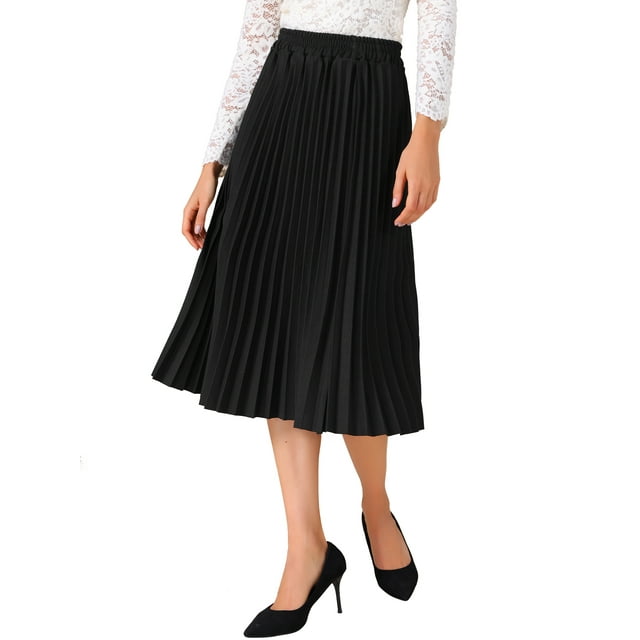Falda midi plisada para mujer, cintura alta elástica, estilo A, casual, fluida, larga, talla XL, negra