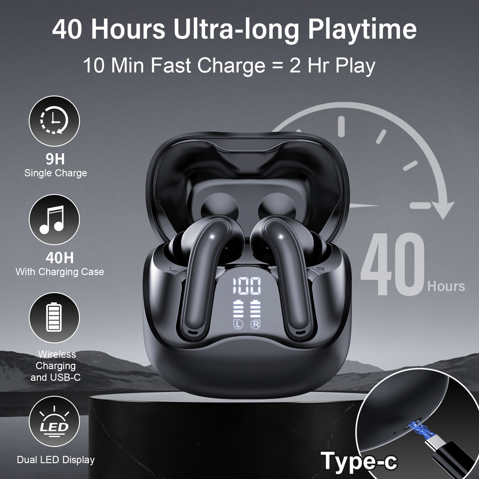 Wireless Earbuds Bluetooth 5.4 Headphone, 48H Deep Bass LED Power Display Earphones with 6 Mic, Clear Call Ear Buds AI Noise Cancelling ,IPX7 Waterproof in-Ear Earbuds for Android IOS