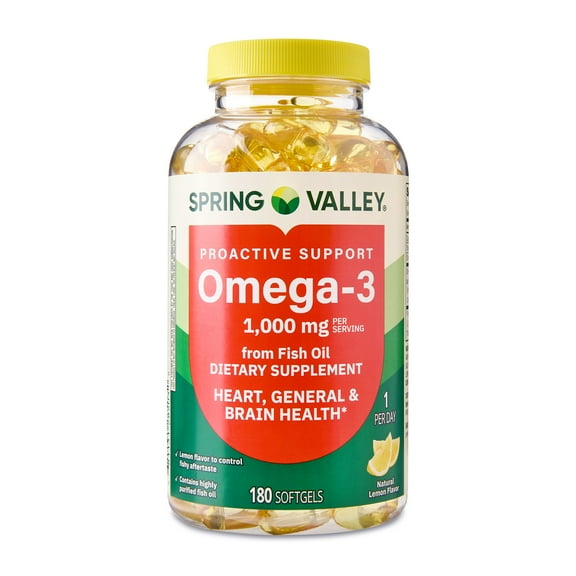 Spring Valley Proactive Support Omega-3 Fish Oil Dietary Supplement Softgels for Heart/General/Brain Health, 1000 mg, 180 Count