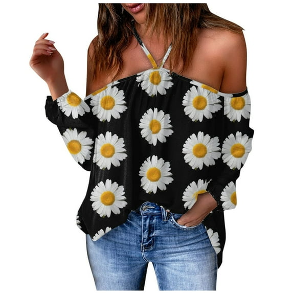 Honeeladyy Women V-Neck Long Sleeve Halter Off Shoulder T-Shirt Flowers Printing Casual Tops Blouse Long-Sleeved Tops