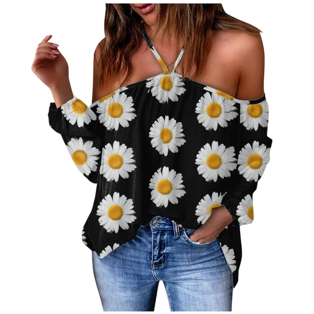 Mujeres Flores Impresión Cuello en V Manga larga Halter Sexy Fuera del hombro Camiseta Casual Tops Blusa Fridja czfsfas4560