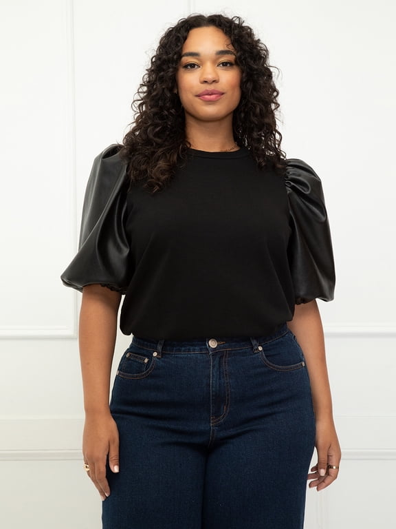 Women's Plus Size Leather Sleeve Sweatshirt