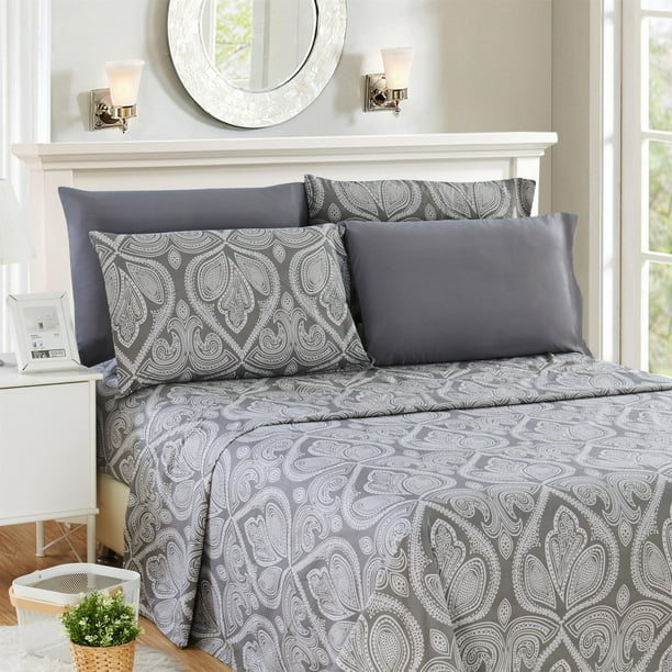 Paisley Printed Bed Sheet Set ( Gray, Twin) Egyptian ...