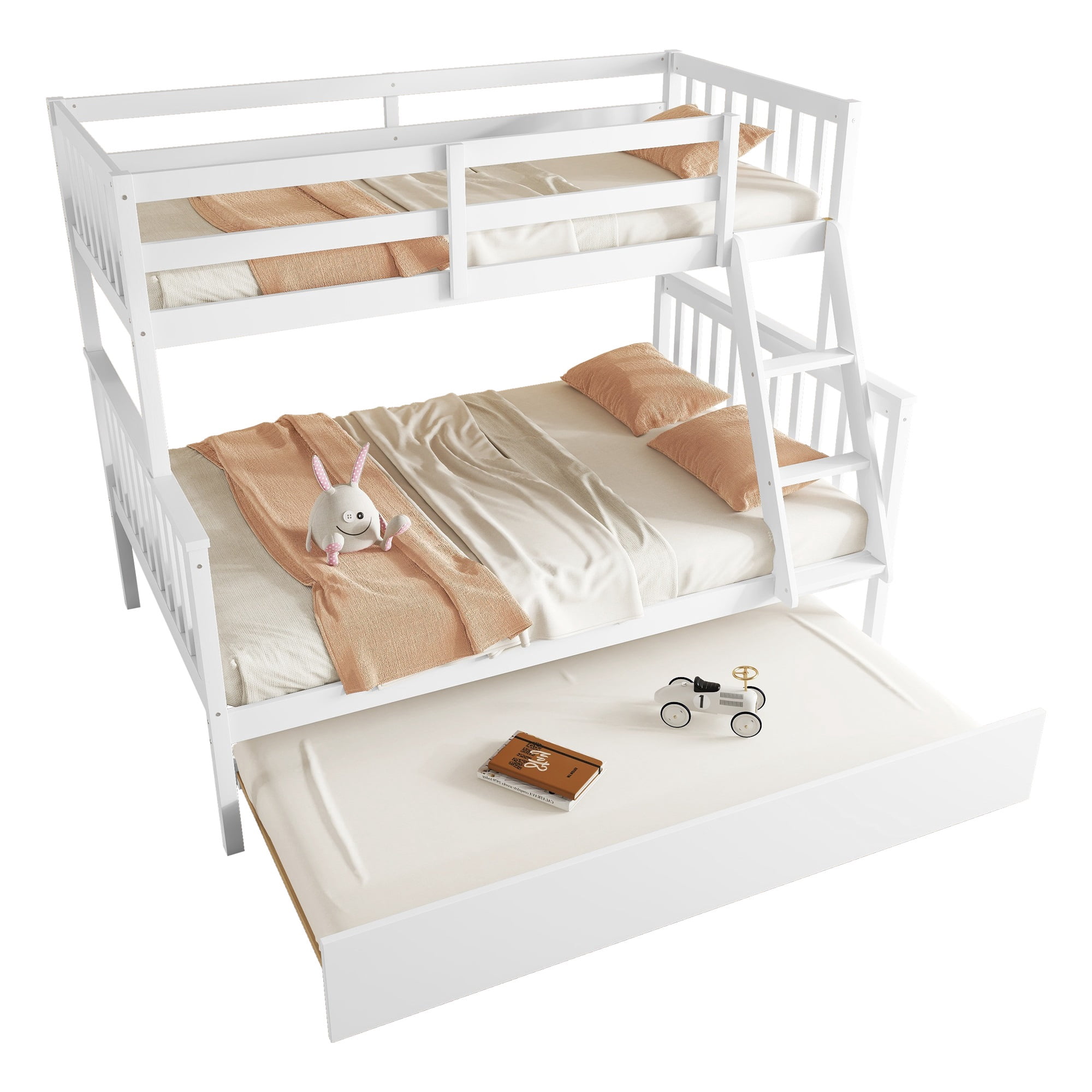 Alvantor Twin Over Full Wood Bunk Bed with Trundle, Convertible into Twin Size Beds for Teens Adults, White
