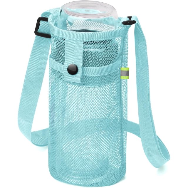 Bolsa para botella de agua con correa, portabotellas de malla, bandolera bandolera ajustable con bolsillo, portabotellas ligero para caminar, hacer deporte y senderismo, color azul claro.
