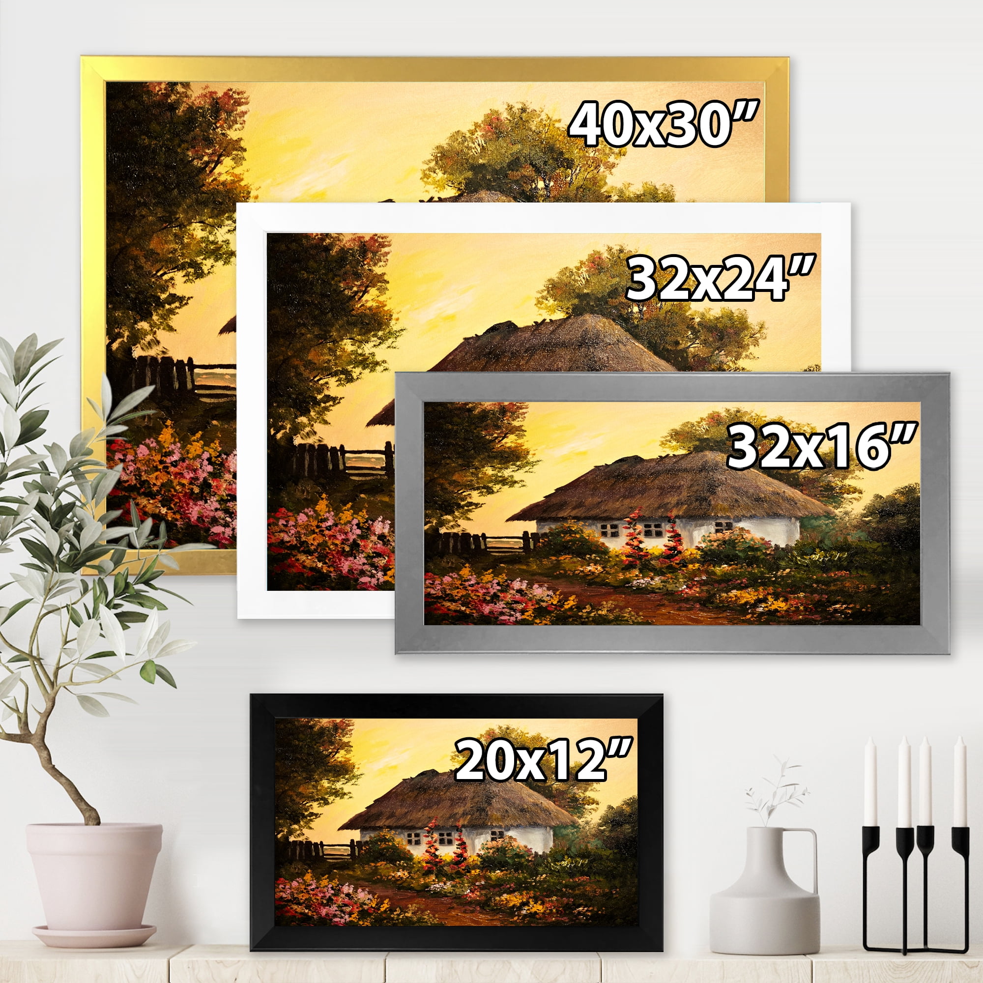 Designart 'Traditional Cottage At Sunset In Autumn Flowers' Traditional Framed Art Print
