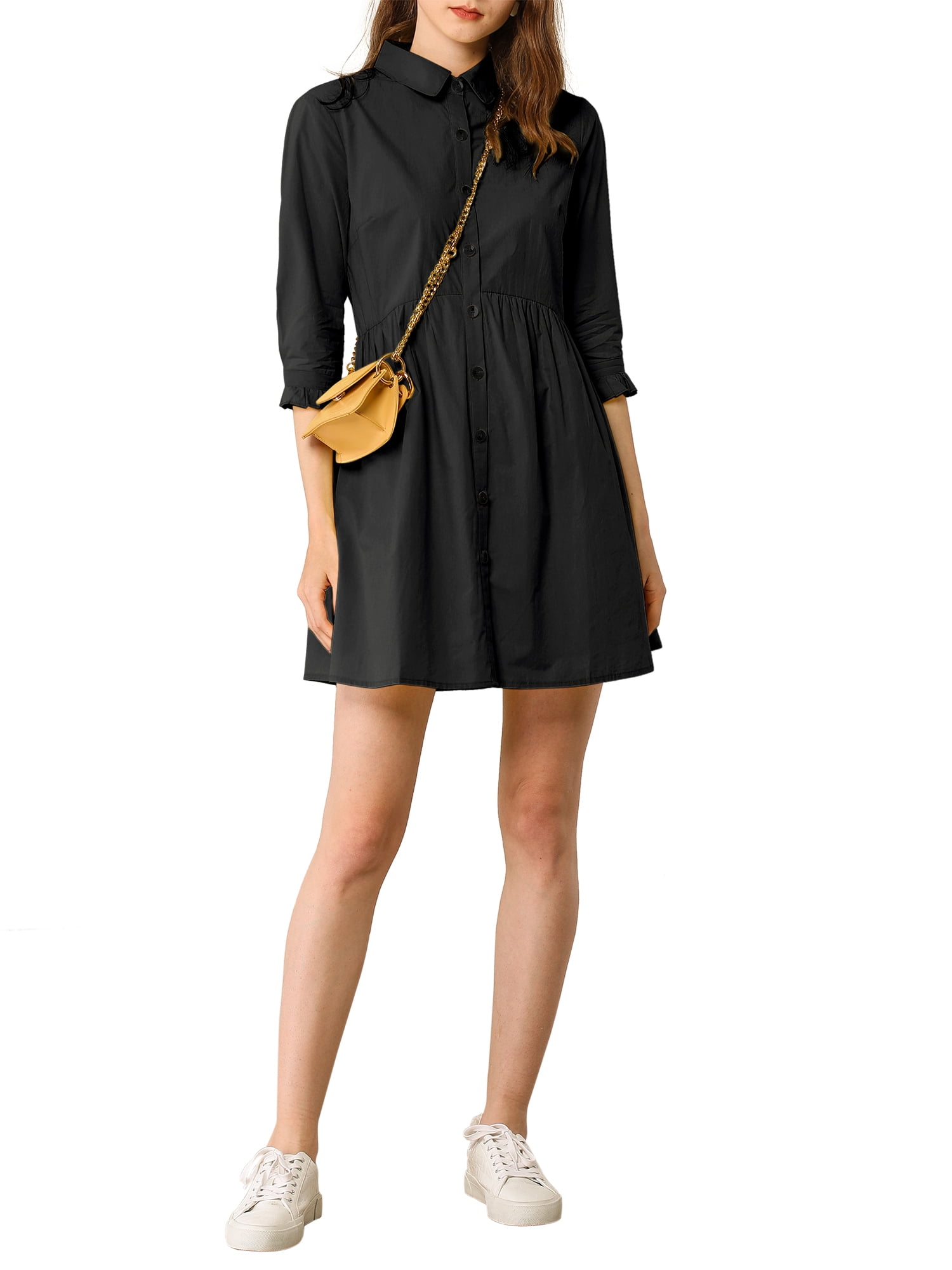 DARING DIVA Elegant Collar Flare 3/4 Sleeve Button Mini Shirt Dress S Black