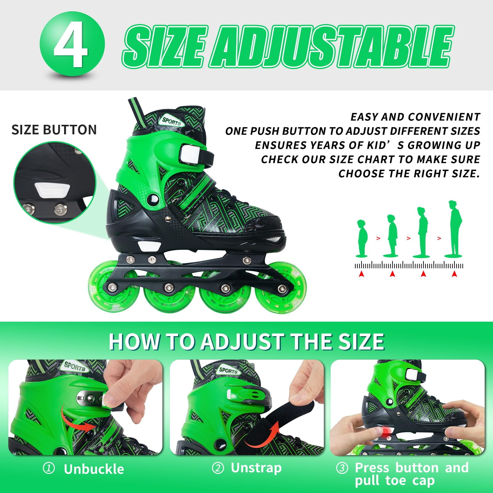 MammyGol Adjustable Inline Skates for Kids with Light-Up Wheels - Youth Teens Roller Skates for Beginners Boys Girls, Outdoor Recreational Skates Green 9-12