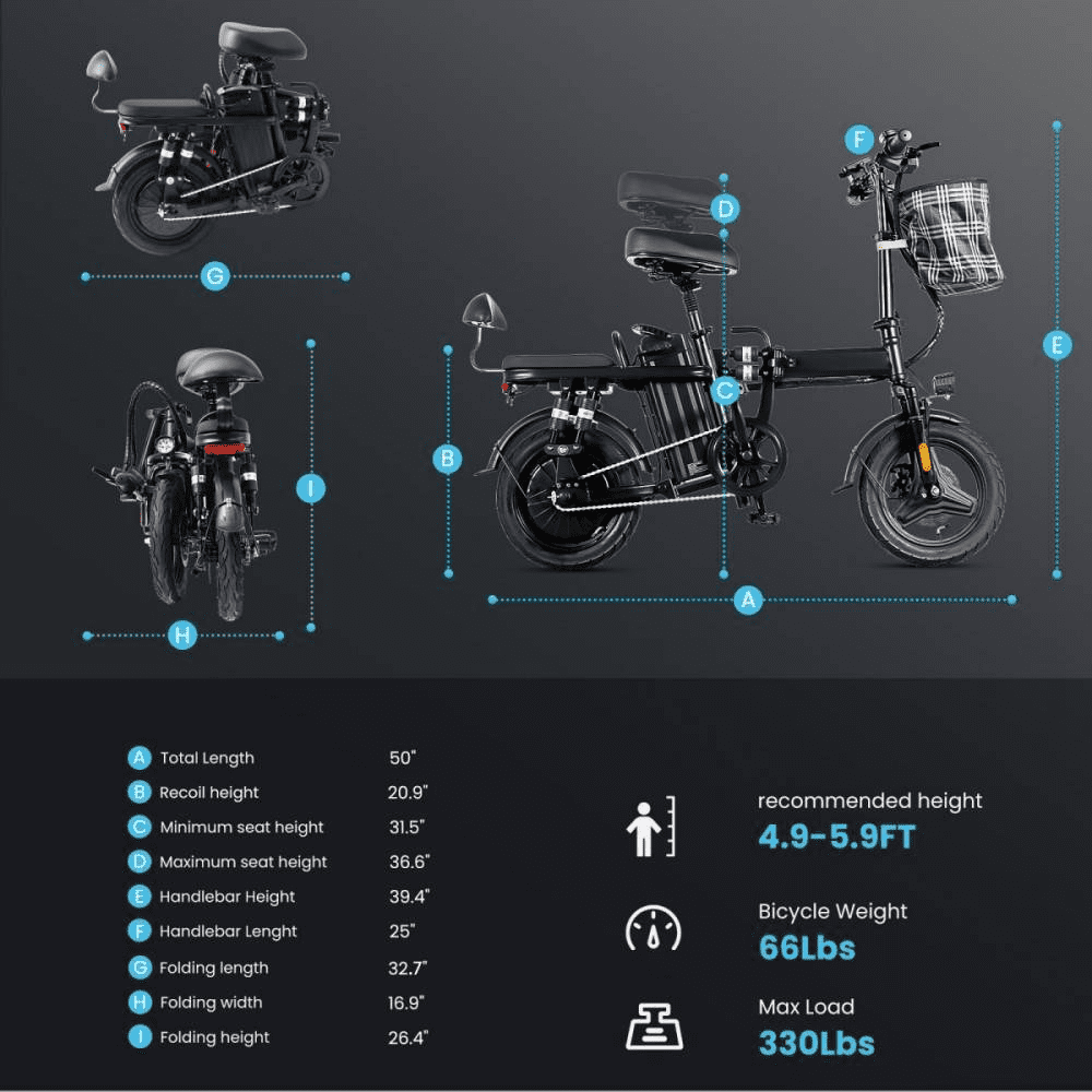 Bogist A9 Electric Folding Bike 2-Seater City Bike, 20MPH, 30-Mile Range,500W, 48V15Ah Battery, Ships from US Warehouse
