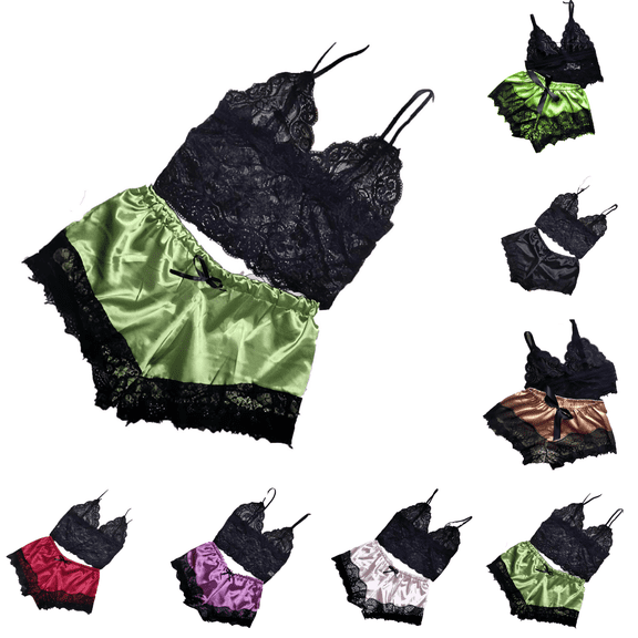 Yuanlook Women 2 Pieces Lace Satin Loungewear Set, Spaghetti Strap Lace Cami Top & Matching Satin Lace Shorts Casual Home Sleepwear S-XXL