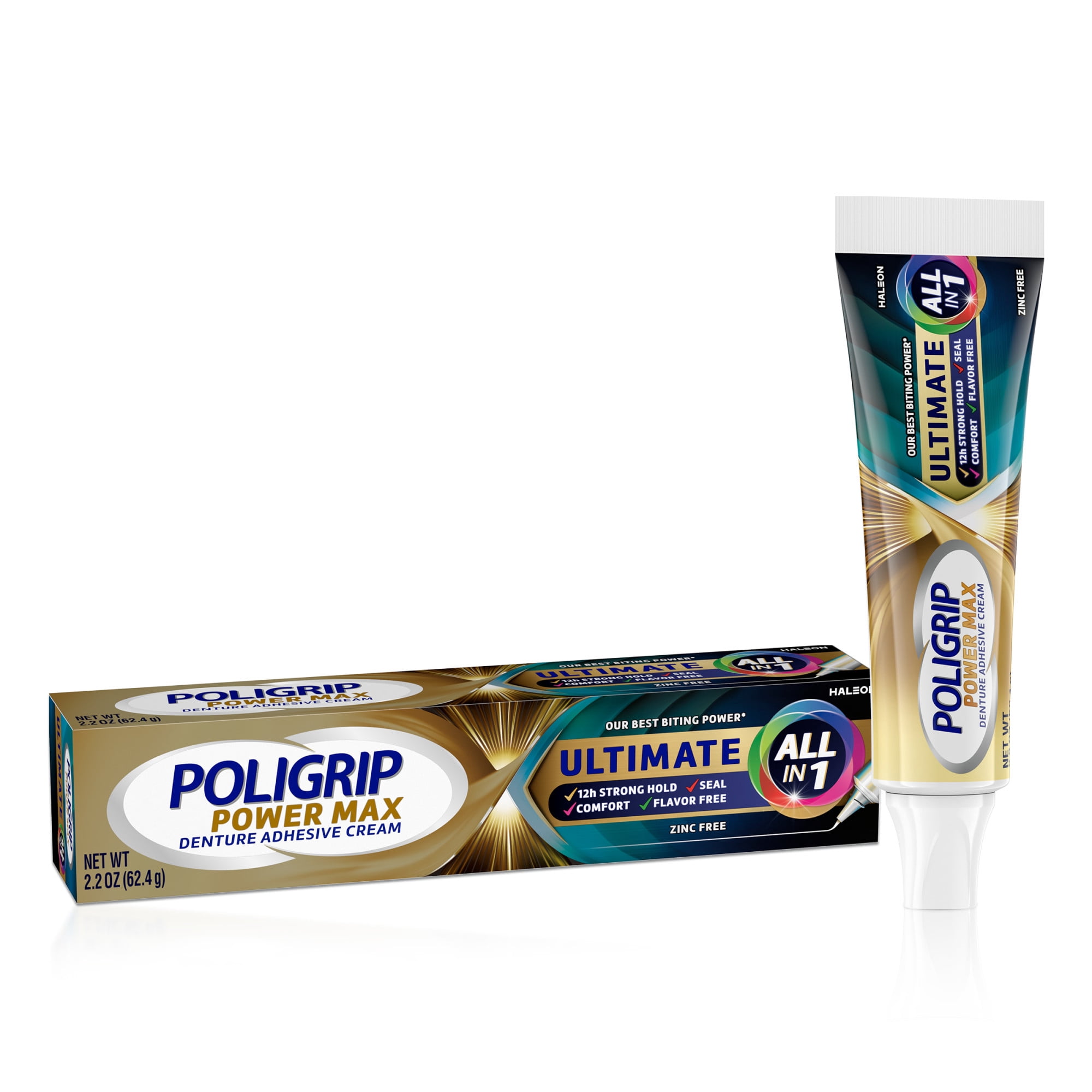 Poligrip Power Max Ultimate All-In-1 Denture Adhesive Cream, Zinc Free, 2.2 Oz