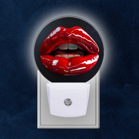 Round LED Night Lights Lamp with Dusk to Dawn Sensor, Glossy Red Lipped With White Teeth Night Light Plug Into Wall for Kids Room, Bedroom, Bathroom, Kitchen, Hallway