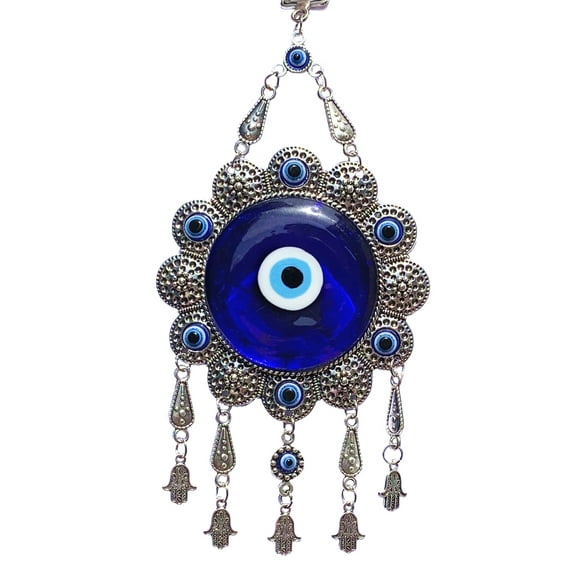 Turkish Blue Evil Eye Flower with Hamsa Hand Design Wall Art Hanging Amulet for Protection