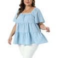 thumbnail image 4 of Agnes Orinda Women's Plus Size Valentines Day Tops Textured Square Neck Short Sleeve Flowy Swing Peplum Summer Casual Babydoll Blouses 1X Light Blue, 4 of 6