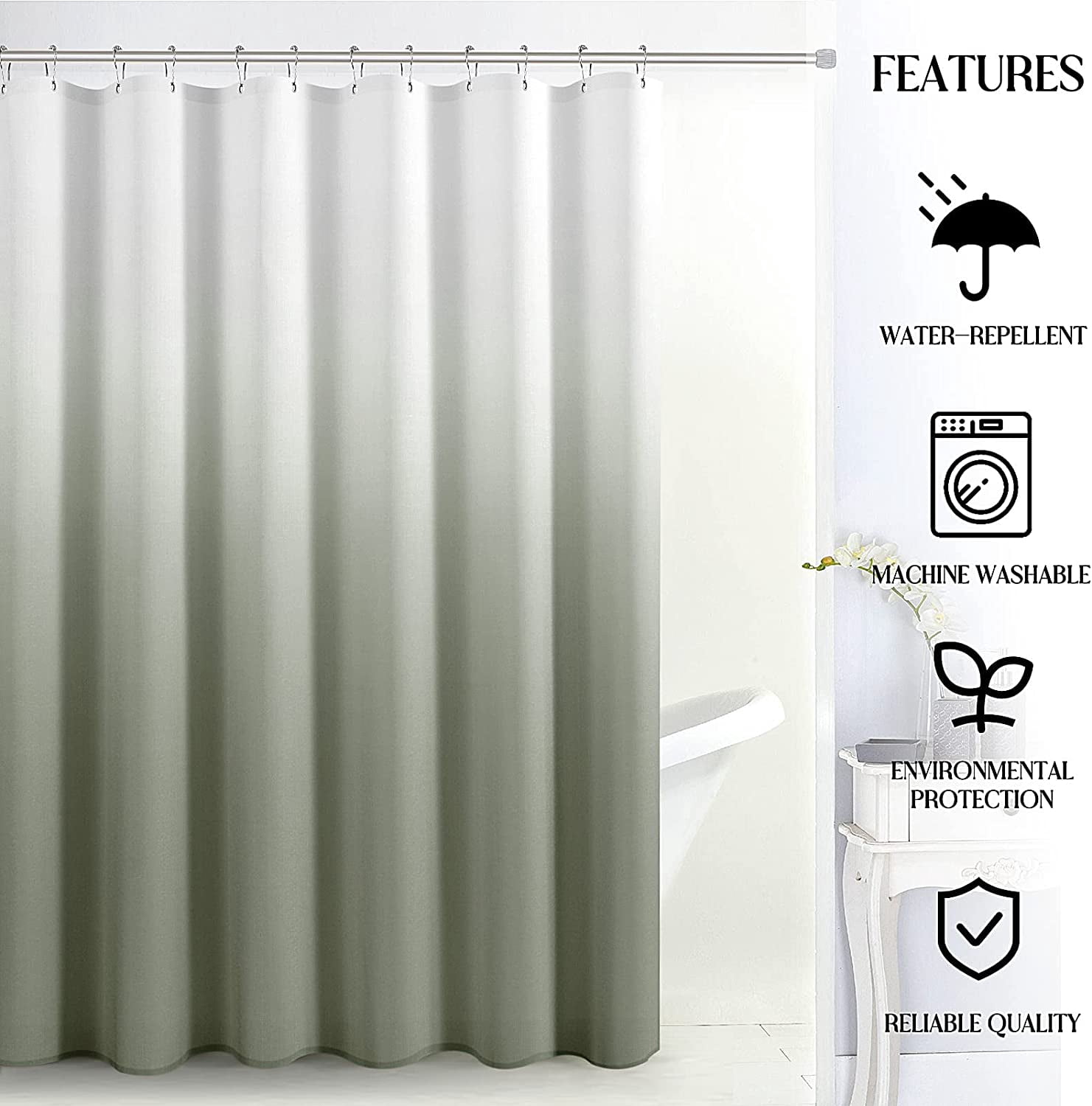 Sage Green Ombre Shower Curtain, Green and White Ombre Waterproof Linen Textured Bath Decor Textured Fabric Shower Curtain for Bathroom, Hotel Quality, 72x72
