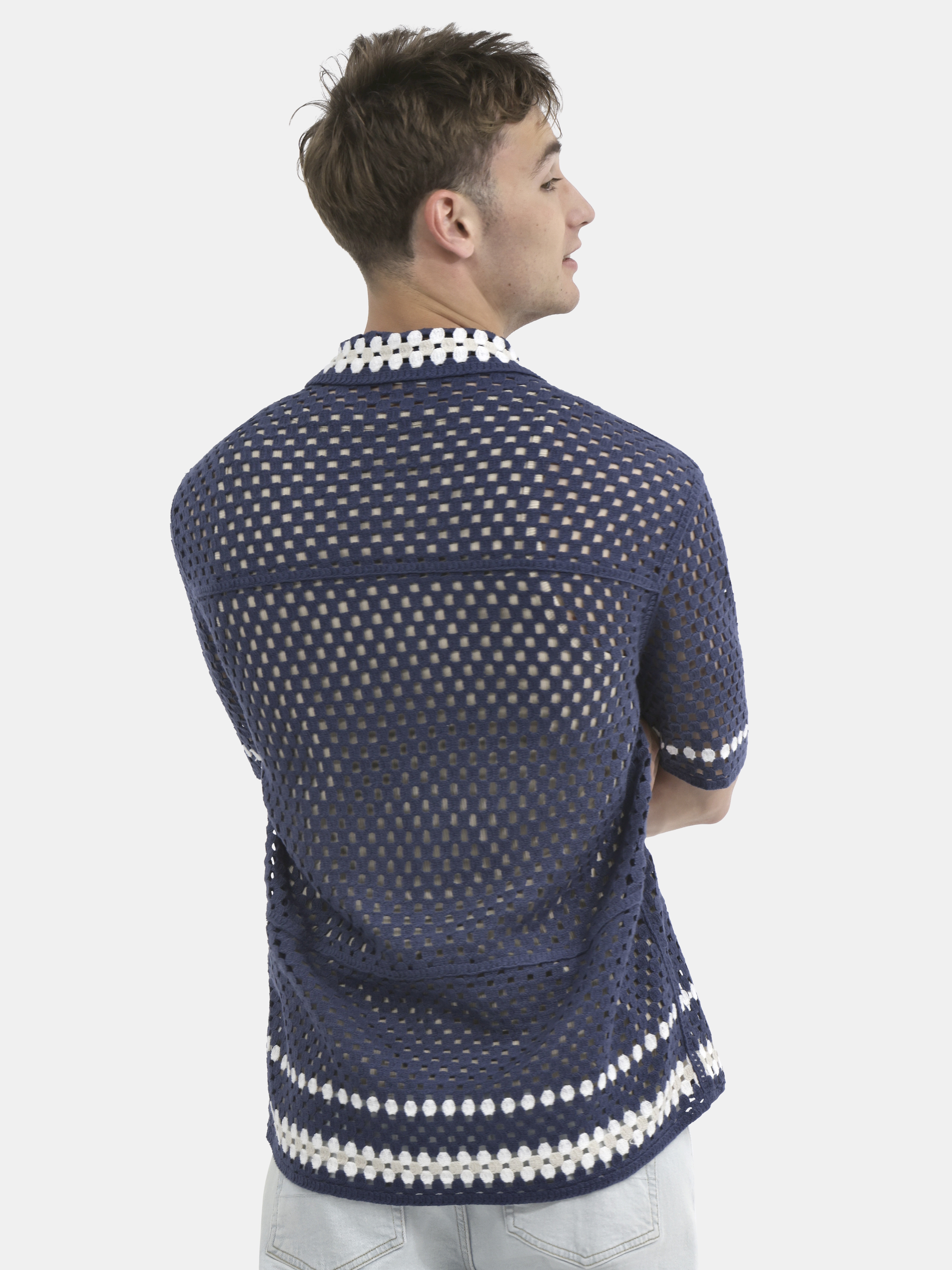 No Boundaries Faux Crochet Button-Up Polo Shirt, Men's and Big