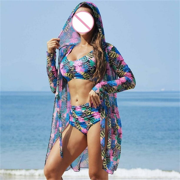 Trajes de baño para mujer, Trajes de baño para mujer, Traje de baño de tres piezas con tirantes de bikini estampados para mujer, Traje de baño de nailon para mujer