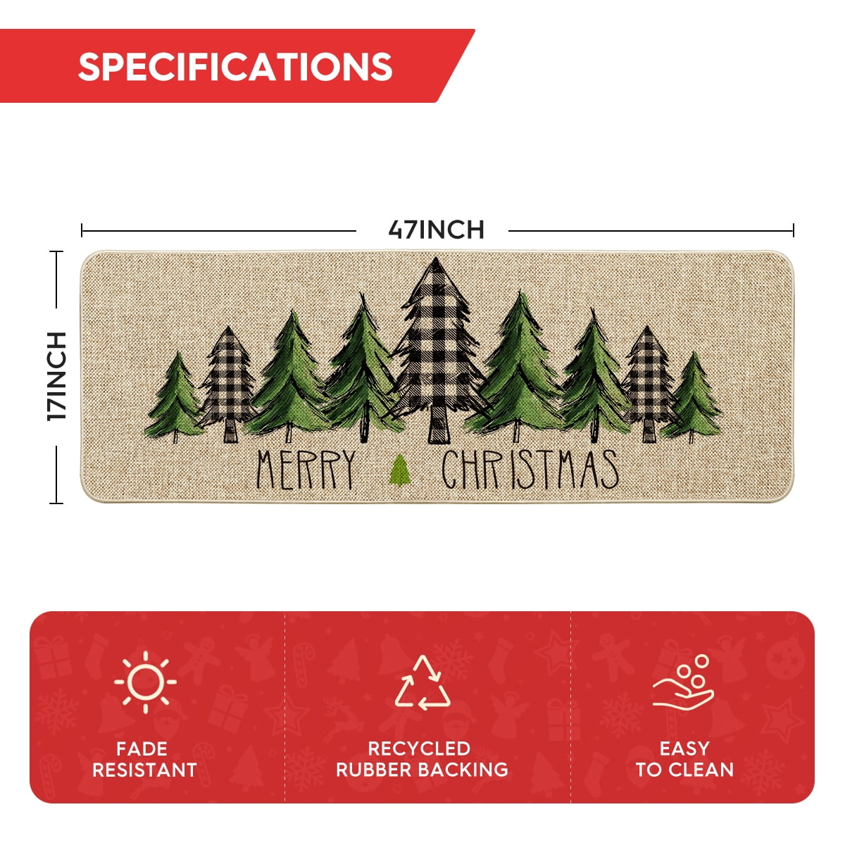 Sm:)e Merry Christmas Trees Christmas Decorative Doormat, Seasonal Winter Christmas Holiday Low-Profile Floor Mat Switch Mat for Indoor Outdoor 17 x 47 Inch