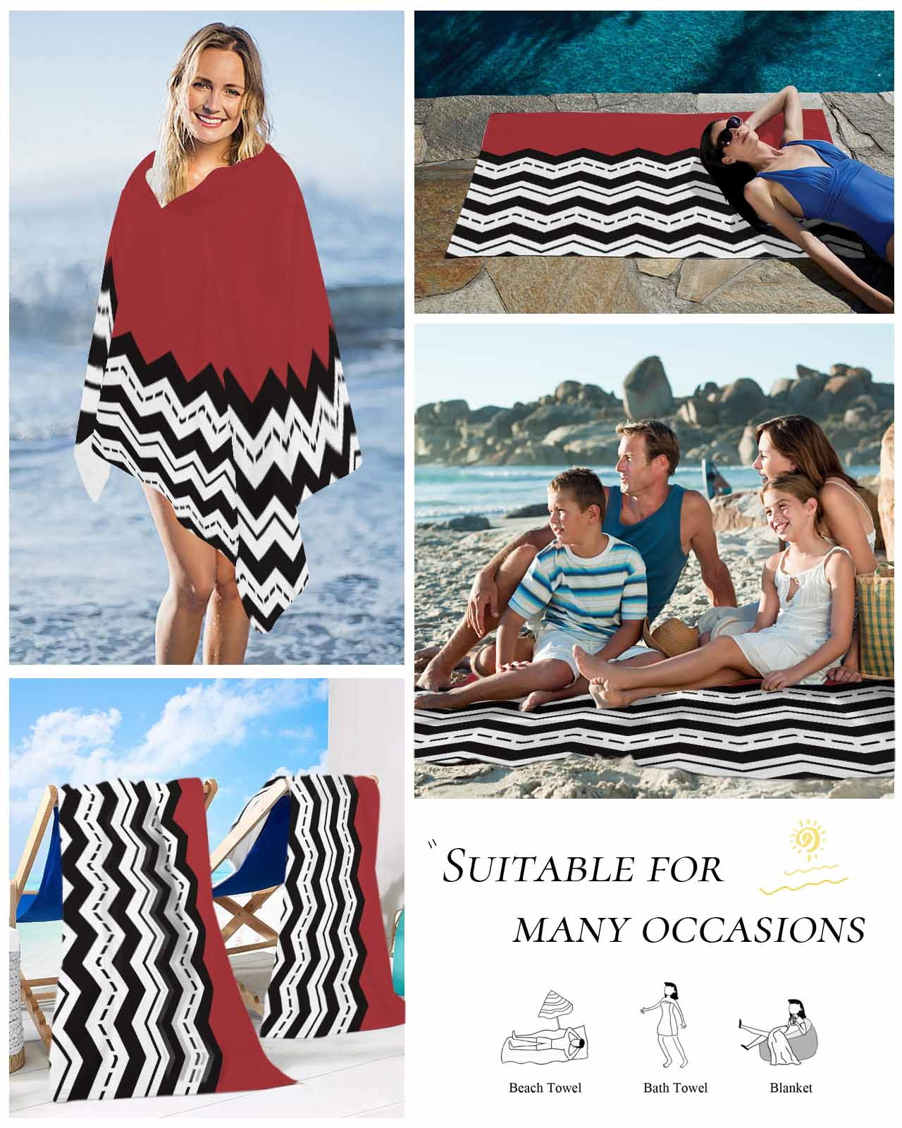 Black White Chevron Beach Towels Oversized Super Absorbent, Geometric Red Sea Wavy Striped Lightweight Bath Towel Quick Dry Sets For Bathroom/Pool/Rv Camping/Beach Play/Gym Room/Picnic 23"x47"